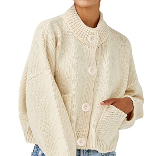 Bciopll Weicher Strickpullover für Damen, einfarbig, mit Knöpfen, Cardigan, lockere Oberbekleidung mit Taschen, Beige-2, M von Bciopll