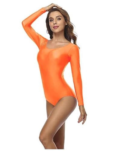 Erwachsene Basic Langarm Trikot U-Ausschnitt Spandex Ballett Tanz Gymnastik Body Leotard Body Orange XXL (Höhe 180-185 cm) von Bciopll