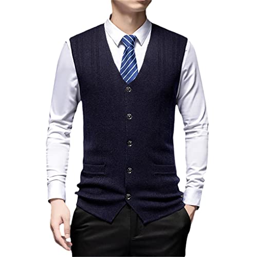 Herren 100% Wolle Strickweste Business Casual Ärmellos Pullover Cardigan Warm Basic für Herbst Winter, marineblau, XXXL von Bciopll