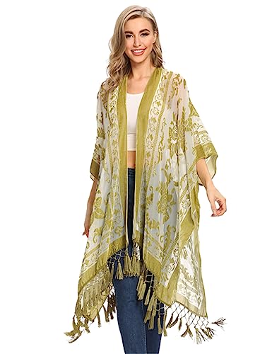 JYPF-13 Bohemian Damen Kimono lange Strickjacke mit Quaste Strand Cover-Up Urlaub Cardigan Schal von Bciopll