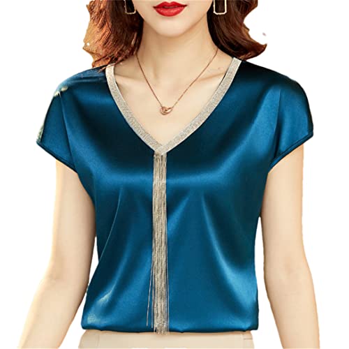 Sommer Damen Satin Bluse für Frauen Quaste Splice Fledermausärmel V-Ausschnitt Solid OL Shirts, blau, X-Large von Bciopll