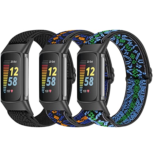 Bcuckood 3 Stk Elastisches Armband Kompatibel mit Fitbit Charge 5 Armband, verstellbares Nylon Sportschlaufe atmungsaktives Ersatzarmband für Fitbit Charge 5 Damen und Herren von Bcuckood