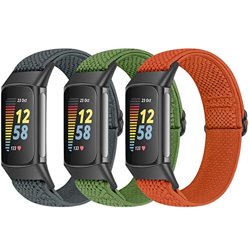 Bcuckood 3 Stk Elastisches Armband Kompatibel mit Fitbit Charge 5 Armband, verstellbares Nylon Sportschlaufe atmungsaktives Ersatzarmband für Fitbit Charge 5 Damen und Herren von Bcuckood