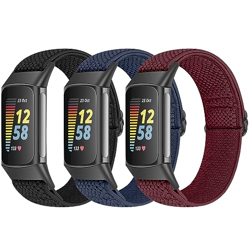 Bcuckood 3 Stk Elastisches Armband Kompatibel mit Fitbit Charge 5 Armband, verstellbares Nylon Sportschlaufe atmungsaktives Ersatzarmband für Fitbit Charge 5 Damen und Herren von Bcuckood