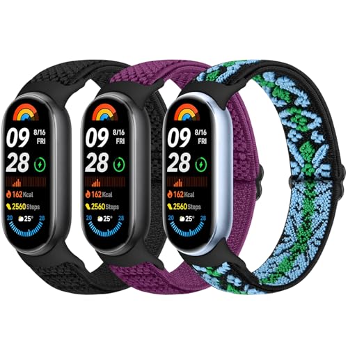 Bcuckood Elastische Bänder, kompatibel mit Xiaomi Mi Band 8, für Damen und Herren, dehnbar, Solo-Loop, weiches Nylon, elastisches Armband, Ersatzarmband für Xiaomi Mi Band 8, 3 Stück von Bcuckood