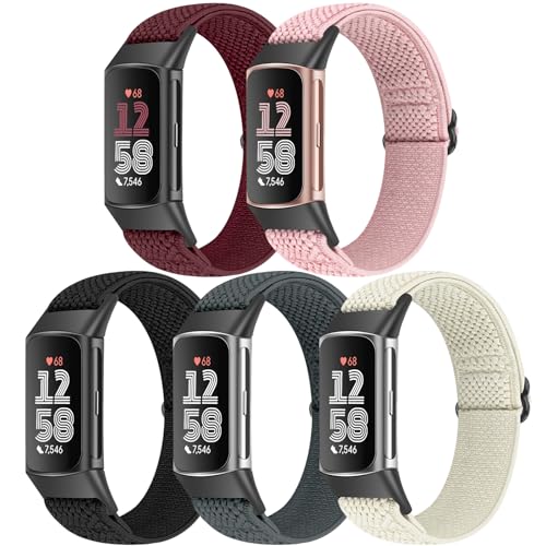 Bcuckood Elastische Nylon-Uhrenarmbänder, kompatibel mit Fitbit Charge 6/Fitbit Charge 5, verstellbar, atmungsaktiv, Ersatz, dehnbar, Nylon-Schlaufen-Armband, Sportarmband für Damen und Herren, 5 von Bcuckood