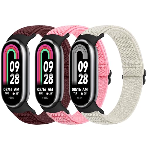 Bcuckood Elastisches Armband kompatibel mit Xiaomi Mi Band 8 Damen Herren, dehnbares Solo Loop Uhrenarmband weiches elastisches Nylon Ersatzarmband für Xiaomi Mi Band 8, 3 Stück von Bcuckood