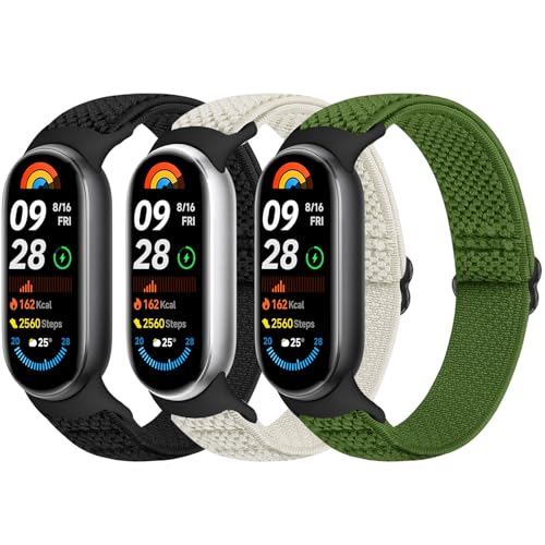 Bcuckood Elastisches Armband kompatibel mit Xiaomi Mi Band 8 Damen Herren, dehnbares Solo Loop Uhrenarmband weiches elastisches Nylon Ersatzarmband für Xiaomi Mi Band 8, 3 Stück von Bcuckood