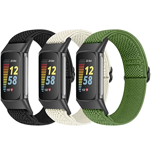 Bcuckood 3 Pack Elastisches Armband Kompatibel mit Fitbit Charge 5 Armband, verstellbares Nylon Sportschlaufe atmungsaktives Ersatzarmband für Fitbit Charge 5 Damen und Herren von Bcuckood