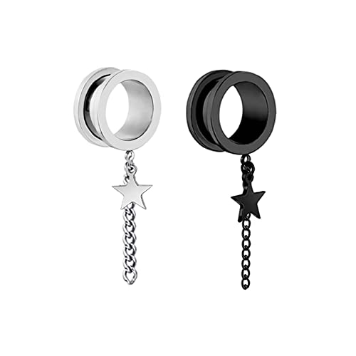 Bcughia Edelstahl Flesh Tunnel 14mm Ohr Plug Männer mit Kette und Stern Anhänger Tunnel Set, 2 Stück von Bcughia