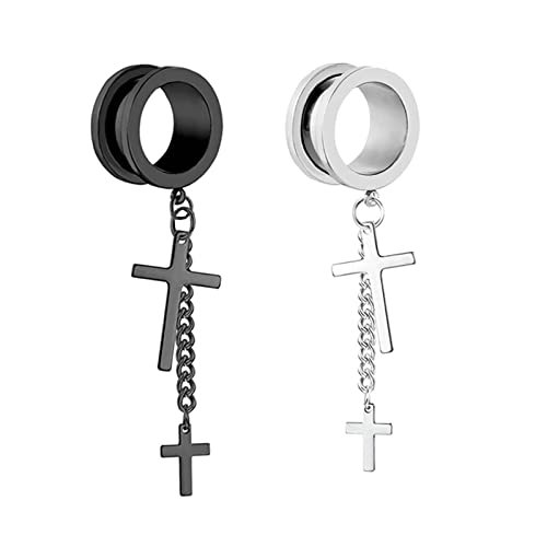 Bcughia Edelstahl Flesh Tunnel 25mm Plug Ohrringe Damen mit Kette und Kreuz Anhänger Tunnel Ohrringe Set, 2 Stück von Bcughia