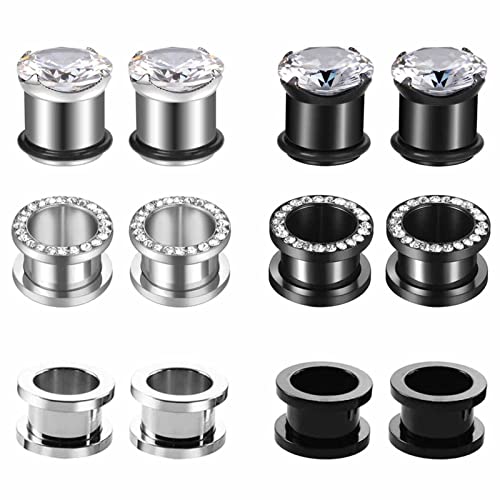 Bcughia Edelstahl Ohr Plug 14mm Ohrringe Plugs Damen Silber Schwarz Reifen mit Zirkonia Ear Tunnel Set, 12 Stück von Bcughia