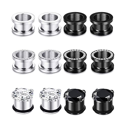 Bcughia Edelstahl Ohr Plug 6mm Ohr Plug Männer Silber Schwarz Reifen mit Zirkonia Ohrring Tunnel Set, 12 Stück von Bcughia