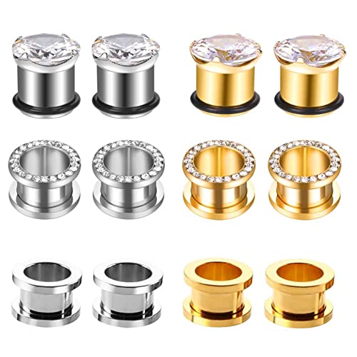 Bcughia Ohrringe Tunnel Edelstahl 10mm Ohr Plug Damen Silber Gold Reifen mit Zirkonia Tunnel Plug Ohr Set, 12 Stück von Bcughia