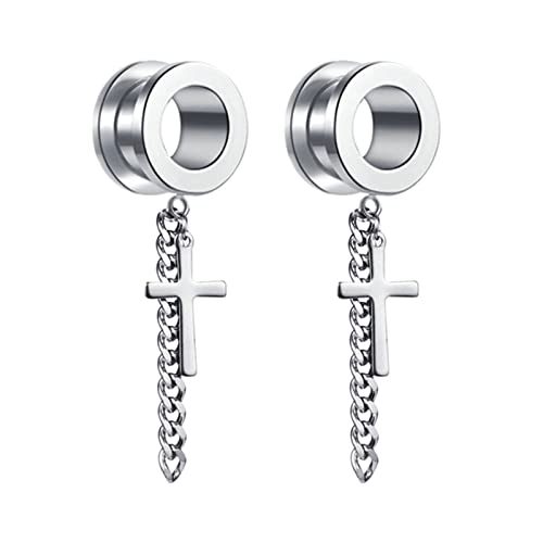 Edelstahl Ohr Plug 8mm Ohrringe Plugs Damen Silber Reifen mit Kreuz Kette Ohrringe Tunnel Set, 2 Stück von Bcughia