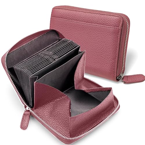 Geldbörse Damen mit RFID Schutz, Leder Portemonnaie Damen mit Reißverschluss, Orgel-Stil Geldbeutel Dame mit Mehreren Fächern, Brieftasche Geldbörse für Frauen, Dunkelrosa von Bcuuozeeing