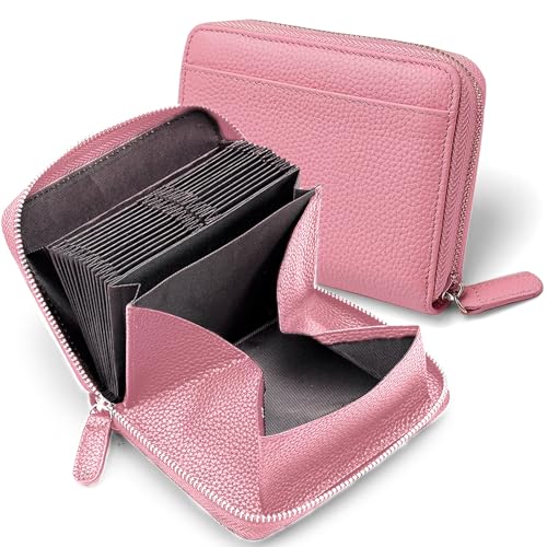 Geldbörse Damen mit RFID Schutz, Leder Portemonnaie Damen mit Reißverschluss, Orgel-Stil Geldbeutel Dame mit Mehreren Fächern, Brieftasche Geldbörse für Frauen, Hellrosa von Bcuuozeeing