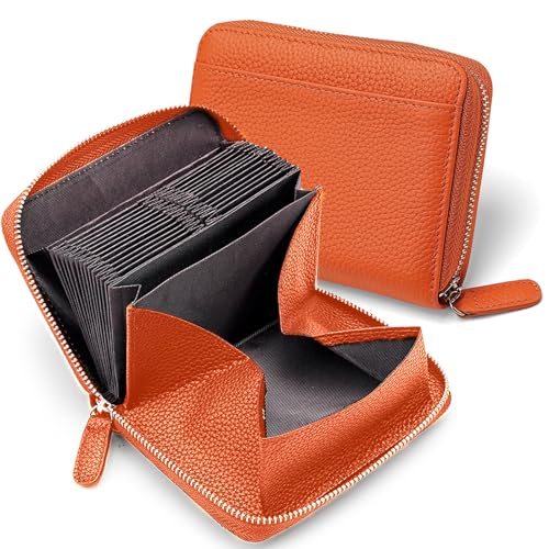 Geldbörse Damen mit RFID Schutz, Leder Portemonnaie Damen mit Reißverschluss, Orgel-Stil Geldbeutel Dame mit Mehreren Fächern, Brieftasche Geldbörse für Frauen, Orange von Bcuuozeeing