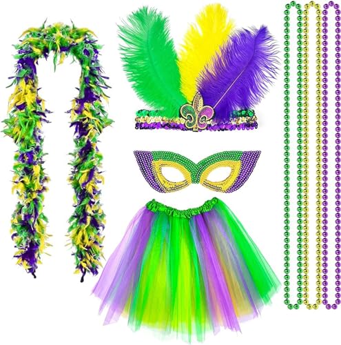 Bdecoll Mardi Gras Kostüm Zubehör Set Mardi Gras Schal Socks mit Mardi Gras Augenabdeckung Stirnband Feather Mask Decoration Mardi GRAS (Grun) von Bdecoll