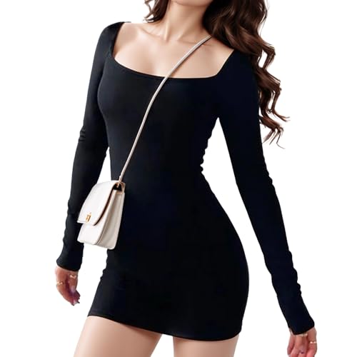 Bdfgh Kleid Bodycon Langarm Damen Partykleid Schwarzes Minikleid Abendkleider Kurz Schlitz Kleid eng Hohe Taille Quadratischen Figurbetontes Freizeitkleid für Cocktail Aben Party Club von Bdfgh