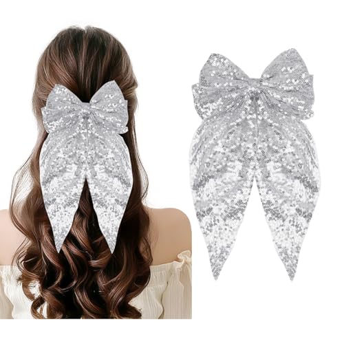 Bdfgh Silberne Haarschleife, silberfarbene Haarspange mit Glitzer, glitzernde Haar-Accessoires für Frauen und Mädchen, glitzernde Fliege für kurze lange Haare, Glitzer-Pailletten-Fliege für von Bdfgh