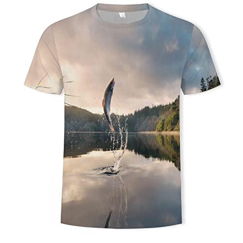 T-Shirt Herren 3D-Digitaldruck Kurzarm-Europäisches Und Amerikanisches Rundhals-Freizeitoberteil,Springender Fisch,3XL von Bdwtsvoksrk