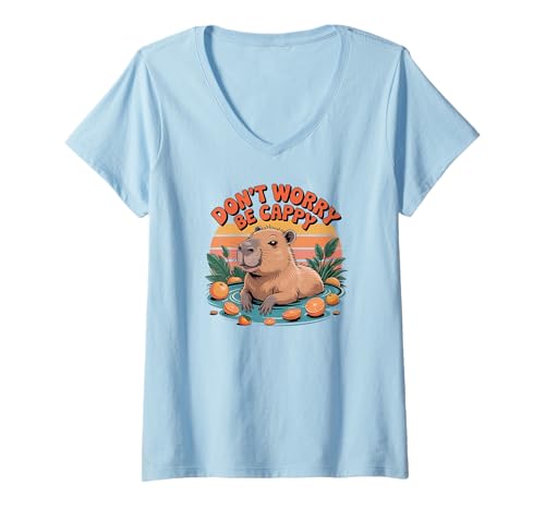 Damen Dont Be Worry Be Cappy Funny Capybara Retro Nager Tier T-Shirt mit V-Ausschnitt Damen Dont Be Worry Be Cappy Funny Capybara Retro Nager Tier T-Shirt mit V-Ausschnitt von Be Capy Cute Rodent Animal Zoo Capybara Lovers