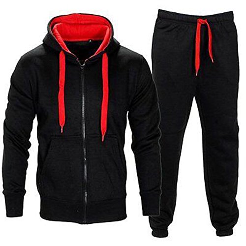 BE JEALOUS Herren Essentials Contrast Trainingsanzug Fleece Kapuzenpullis Jogginghose Jogginghose Gym Set - Schwarz/Rot, S von Be Jealous