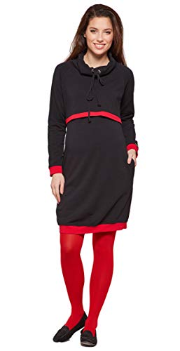 Be Mama - Maternity & Baby wear 2in1 Umstandskleid mit Stillfunktion, Sweatkleid, Pulloverkleid, Stillkleid, Modell: BONNA, schwarz-rot, XL von Be Mama - Maternity & Baby wear