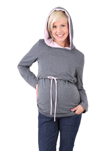 Be Mama - Maternity & Baby wear 2in1 Umstandspullover, Sweatshirt mit Kapuze, Still-Pulli, Modell: Duo, grau, Größe XL von Be Mama - Maternity & Baby wear