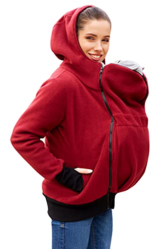 Be Mama - Maternity & Baby wear 3in1 - Tragejacke/Pulli & Umstandsjacke & Damenjacke in einem aus kuscheligem Fleece, Modell: BERGAMI Zip, Bordeaux, L/XL von Be Mama - Maternity & Baby wear
