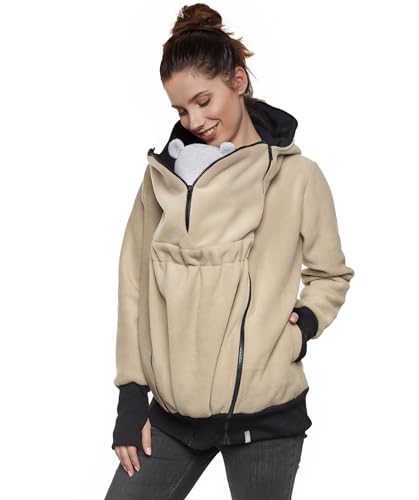 Be Mama - Maternity & Baby wear 3in1 - Tragejacke/Pulli & Umstandsjacke & Damenjacke in einem aus kuscheligem Fleece, Modell: BERGAMI Zip, beige, SM von Be Mama - Maternity & Baby wear