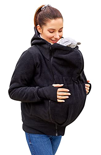 Be Mama - Maternity & Baby wear 3in1 - Tragejacke/Pulli & Umstandsjacke & Damenjacke in einem aus kuscheligem Fleece, Modell: BERGAMI Zip, schwarz, L/XL von Be Mama - Maternity & Baby wear