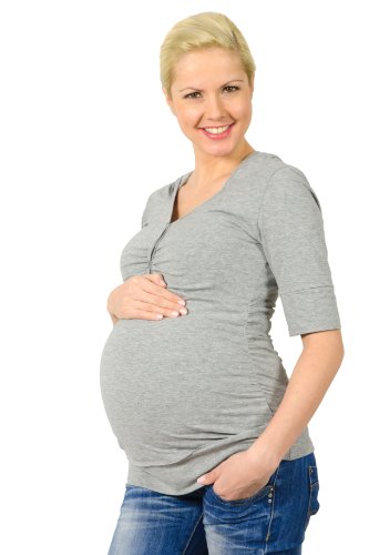 Be Mama - Maternity & Baby wear Umstandsshirt Kurzarm aus Baumwolle, Stillshirt mit Kapuze, Modell: IMAN, Kurzarm, grau, L von Be Mama - Maternity & Baby wear