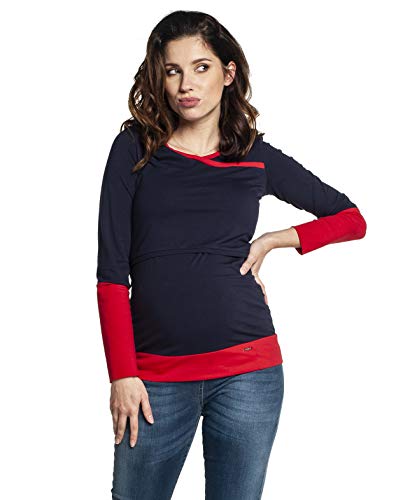 Be Mama - Maternity & Baby wear Umstandsshirt aus Baumwolle mit Stillfunktion, Modell: Monic (Langarm/dunkelblau-rot, S-M) von Be Mama - Maternity & Baby wear