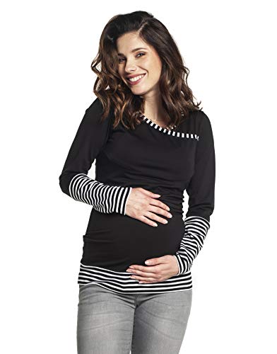 Be Mama - Maternity & Baby wear Umstandsshirt aus Baumwolle mit Stillfunktion, Modell: Monic (Langarm/schwarz-Streifen, L) von Be Mama - Maternity & Baby wear