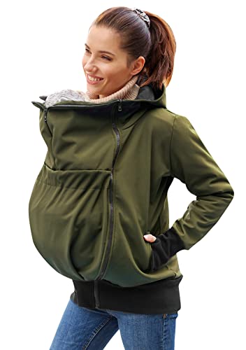 Be Mama - Maternity & Baby wear Wasserdichte ALL-WEATHER 3in1 - Tragejacke & Umstandsjacke & Damenjacke in einem aus SOFTSHELL (Wassersäule: 10.000 mm) (3in1 / Khaki ZIP, L-XL) von Be Mama - Maternity & Baby wear