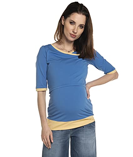 Umstandsshirt T-Shirt aus Baumwolle mit Stillfunktion, Modell: Monic, Kurzarm, blau-gelb, SM von Be Mama - Maternity & Baby wear