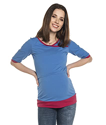 Umstandsshirt T-Shirt aus Baumwolle mit Stillfunktion, Modell: Monic, Kurzarm, blau-rot, L von Be Mama - Maternity & Baby wear