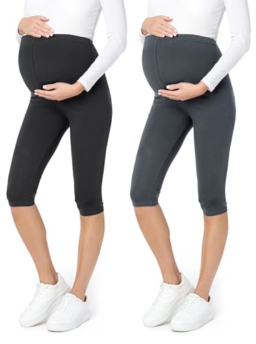 Be Mammy 3/4 Umstandsleggings Kurz aus Baumwolle Bequeme und blickdichte Schwangerschaftsleggings 2Pack Umstandsmode BE20-229 (2Pack Schwarz/Graphite, L) von Be Mammy