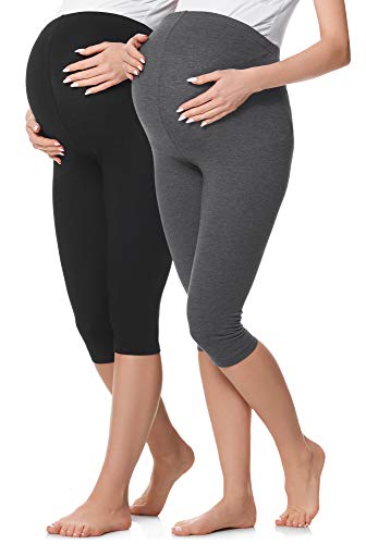 Be Mammy 3/4 Umstandsleggings Kurz aus Baumwolle Bequeme und blickdichte Schwangerschaftsleggings 2Pack Umstandsmode BE20-229 (2Pack Schwarz/Dunkelmelange, XL) von Be Mammy