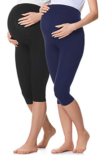 Be Mammy 3/4 Umstandsleggings Kurz aus Baumwolle Bequeme und blickdichte Schwangerschaftsleggings 2Pack Umstandsmode BE20-229 (2Pack Schwarz/Marineblau, 4XL) von Be Mammy