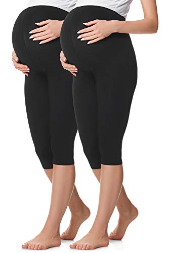 Be Mammy 3/4 Umstandsleggings Kurz aus Baumwolle bequeme und blickdichte Schwangerschaftsleggings 2Pack Umstandsmode BE20-229 (2Pack Schwarz/Schwarz, S) von Be Mammy