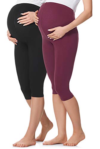 Be Mammy 3/4 Umstandsleggings Kurz aus Baumwolle Bequeme und blickdichte Schwangerschaftsleggings 2Pack Umstandsmode BE20-229 (2Pack Schwarz/Weinrot, 3XL) von Be Mammy