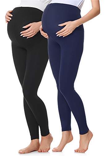 Be Mammy Lange Umstandsleggings 2er Pack aus Baumwolle Leggings für Schwangere Umstands Leggings Schwangerschafts Unterhosen mit Hoher Bund BE20-230 (Braun, 4XL) (Schwarz/Marineblau, 3XL) von Be Mammy