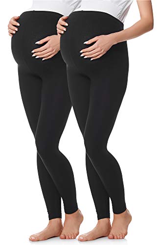 Be Mammy Lange Umstandsleggings 2er Pack aus Baumwolle Leggings für Schwangere Umstands Leggings Schwangerschafts Unterhosen mit Hoher Bund BE20-230 (Braun, 4XL) (Schwarz/Schwarz, S) von Be Mammy