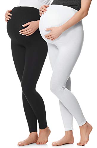 Be Mammy Lange Umstandsleggings 2er Pack aus Baumwolle Leggings für Schwangere Umstands Leggings Schwangerschafts Unterhosen mit Hoher Bund BE20-230 (Braun, 4XL) (Schwarz/Weiß, 4XL) von Be Mammy