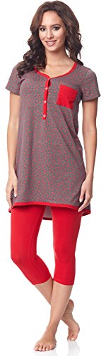 Be Mammy Damen Kurzarm Pyjama mit Stillfunktion BE20-177, Grau-Sterne-Rot, S(Grau-Sterne-Rot, S) von Be Mammy