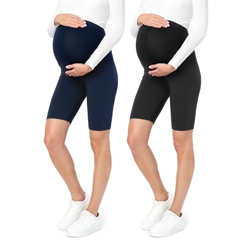 Be Mammy Damen Kurze Umstandsleggings 2er Pack Bequeme und Schwangerschaftsleggings aus Baumwolle Umstandshose Umstandsmode für Sommer BE20-228 (2Pack Schwarz/Marineblau, L) von Be Mammy
