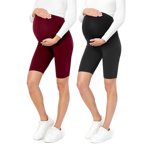 Be Mammy Damen Kurze Umstandsleggings 2er Pack Bequeme und Schwangerschaftsleggings aus Baumwolle Umstandshose Umstandsmode für Sommer BE20-228 (2Pack Schwarz/Weinrot, S) von Be Mammy